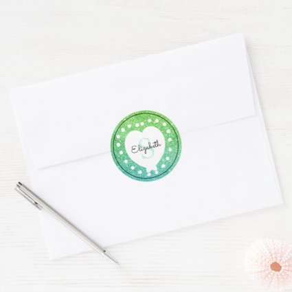 Custom Name Monogram Turquoise Green Glitter Heart
