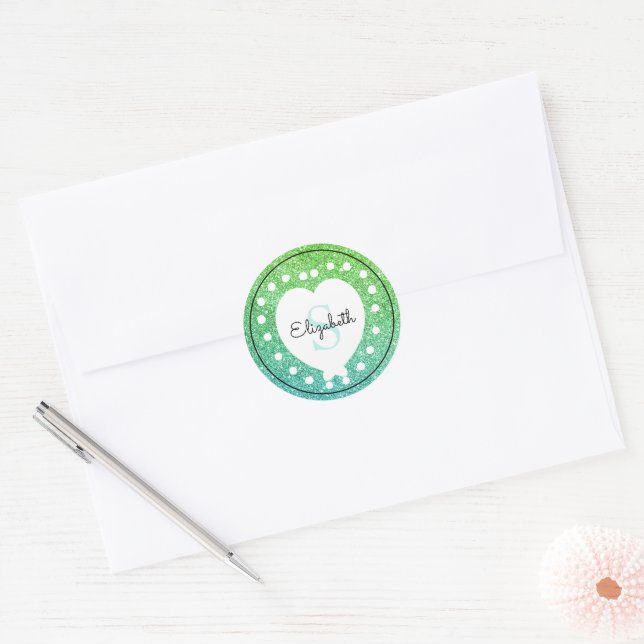 Custom Name Monogram Turquoise Green Glitter Heart Classic Round Sticker (Envelope)