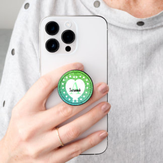 Custom Name Monogram Turquoise Green Glitter Heart PopSocket