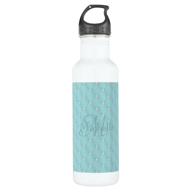 Custom Name Monogram Turquoise Quilt Pattern Stainless Steel Water Bottle (Front)
