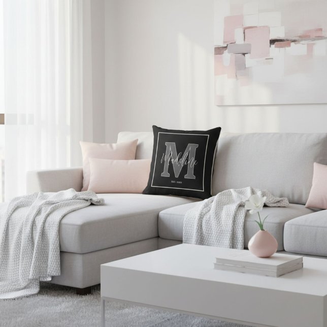 Custom name monogram typography black and white throw pillow (Creator Uploaded)