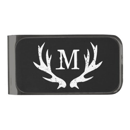 Custom name monogram vintage deer antler logo gunmetal finish money clip