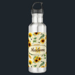 Custom Name Monogram Water Bottle Sunflowers Bees<br><div class="desc">Customizable name and monogram water bottle with a print of painted garden sunflowers,  honeycomb,  and honey bees,  yellow and green colors.</div>