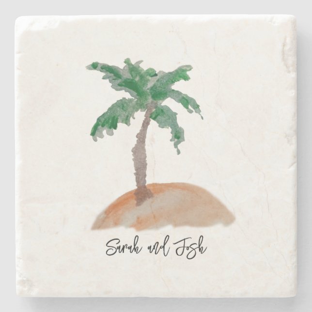 Custom Name Monogram Wedding Palm Tree Nautical Stone Coaster (Front)