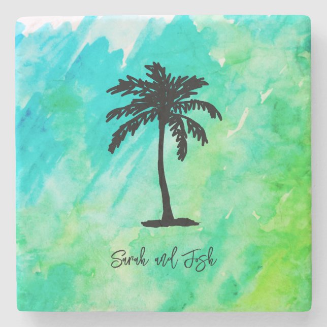 Custom Name Monogram Wedding Palm Tree Nautical Stone Coaster (Front)