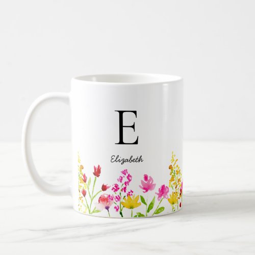 Custom Name Monogram Wildflowers Watercolor  Coffee Mug