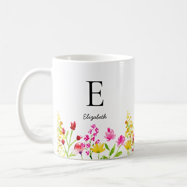 Custom Name Monogram Wildflowers Watercolor  Coffee Mug (Left)