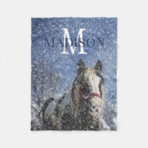 Custom Name Monogram Winter Horse Fleece Blanket