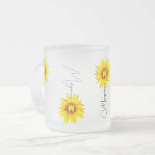 Custom Name & Monogram with Elegant Sunflower Frosted Glass Coffee Mug