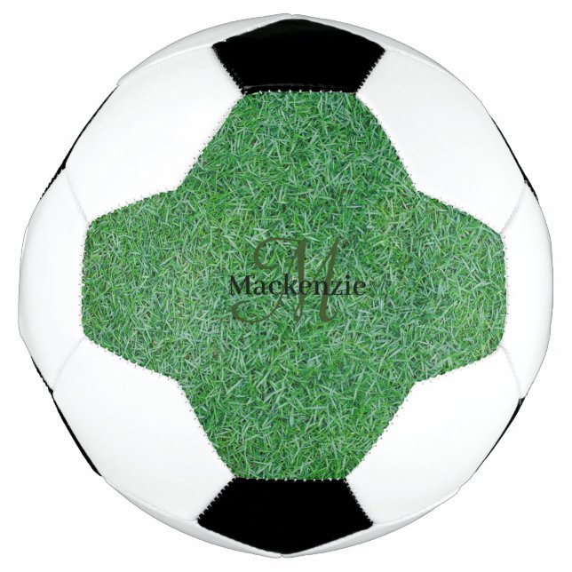 Custom Name Monogram Zen Green Grass Nature Soccer Ball (Front)