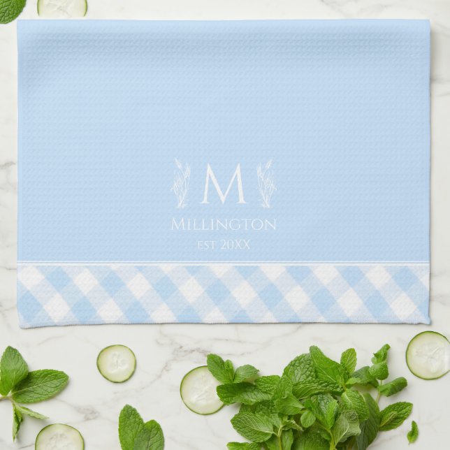Custom Name Monogrammed Blue & White Gingham Kitchen Towel (Folded)