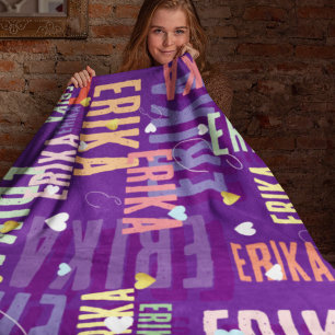 Custom Name Monogrammed Bold Cool Colors Purple Fleece Blanket