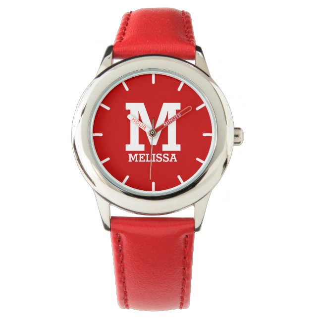 Custom Name Monogrammed Bold Text Girl Name Red Watch (Front)