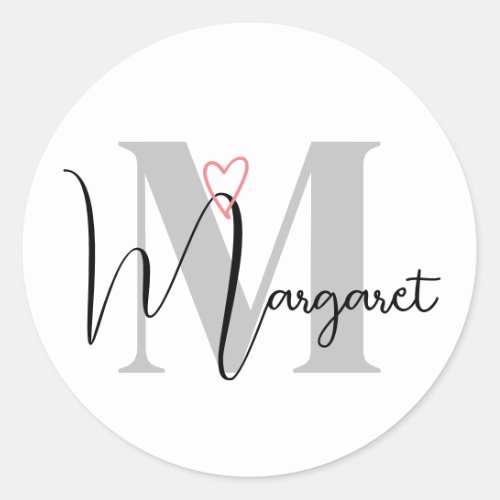 Custom Name Monogrammed Calligraphy Pink Heart  Classic Round Sticker
