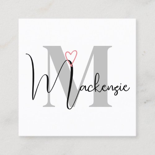 Custom Name Monogrammed Calligraphy Pink Heart  Square Business Card