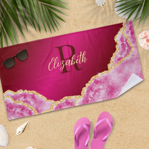 Custom Name Monogrammed Pink Girly Elegant Beach Towel