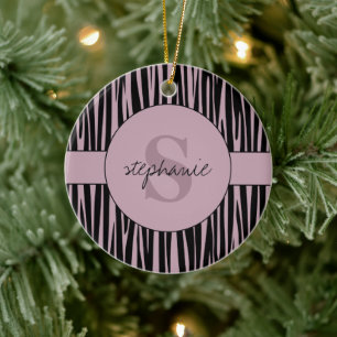 Custom Name Monogrammed Zebra stripes pattern Ceramic Ornament