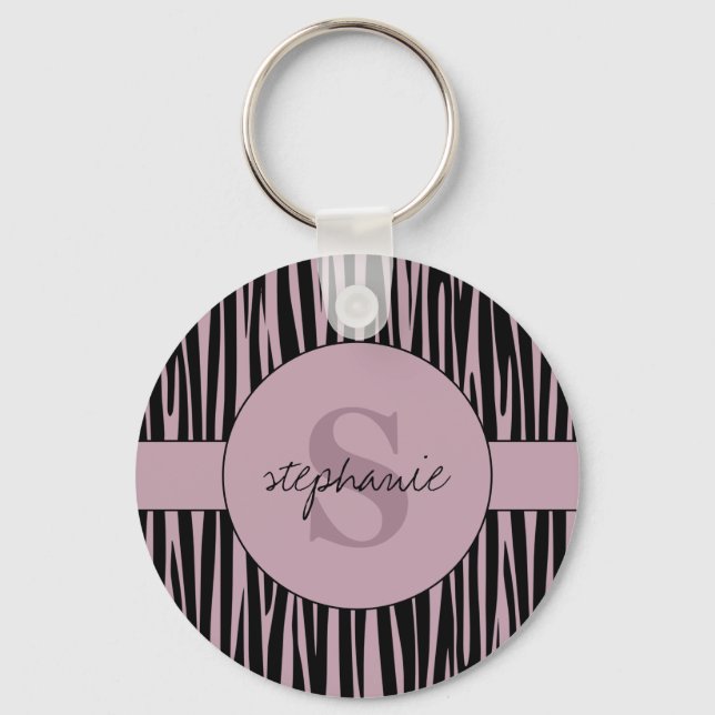 Custom Name Monogrammed Zebra stripes pattern  Keychain (Front)