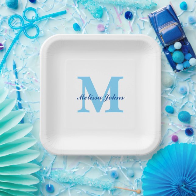  Custom Name Monograms Blue Baby Showers Birthdays Paper Plates (Party)