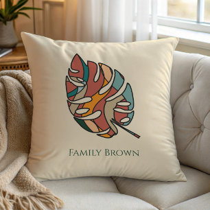 Custom Name Monstera Leaf Jungalow Boho Green Throw Pillow