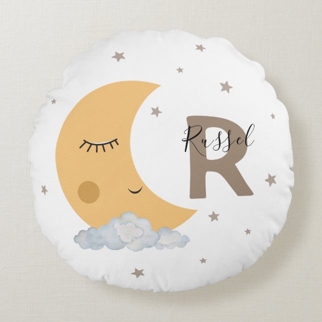 Custom Name Moon Nursery Pillow in Brown Tan Cute (Front)