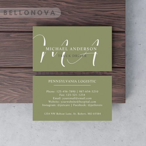 Custom Name Moss Sage Olive Green White Monogram Business Card