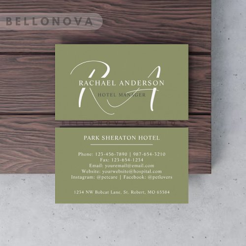 Custom Name Moss Sage Olive Green White Monogram Business Card