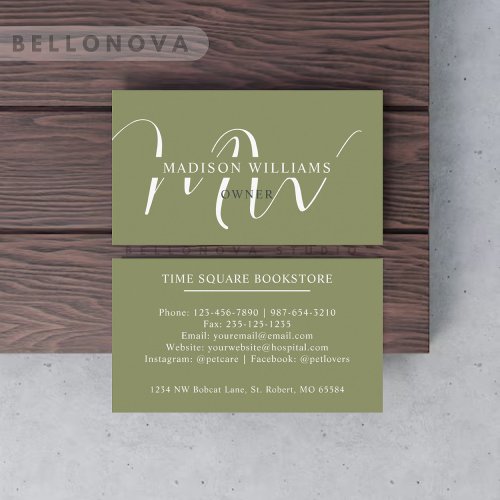 Custom Name Moss Sage Olive Green White Monogram Business Card