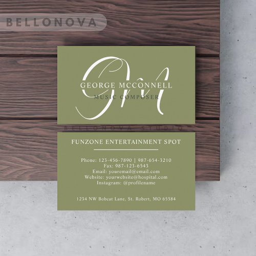 Custom Name Moss Sage Olive Green White Monogram Business Card