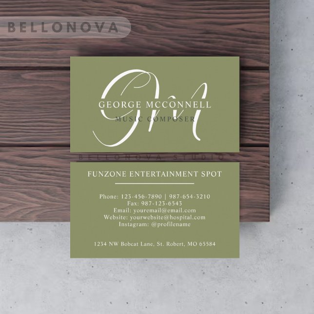 Custom Name Moss Sage Olive Green White Monogram Business Card (Custom Name Moss Sage Olive Green White Monogram Business Card)