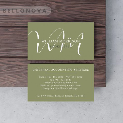 Custom Name Moss Sage Olive Green White Monogram Business Card