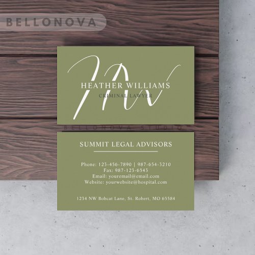 Custom Name Moss Sage Olive Green White Monogram Business Card