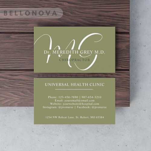 Custom Name Moss Sage Olive Green White Monogram Business Card