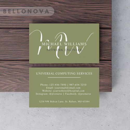 Custom Name Moss Sage Olive Green White Monogram Business Card