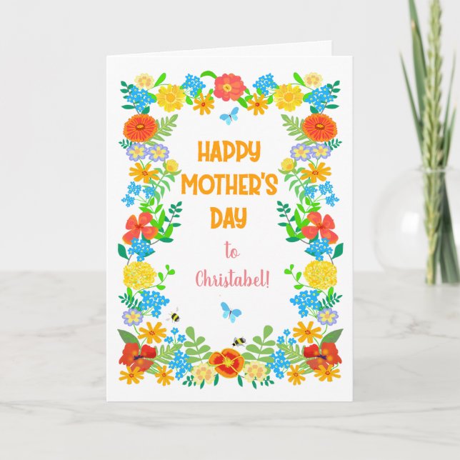 Custom Name Mothers Day with Pretty Floral Border Card (Front)