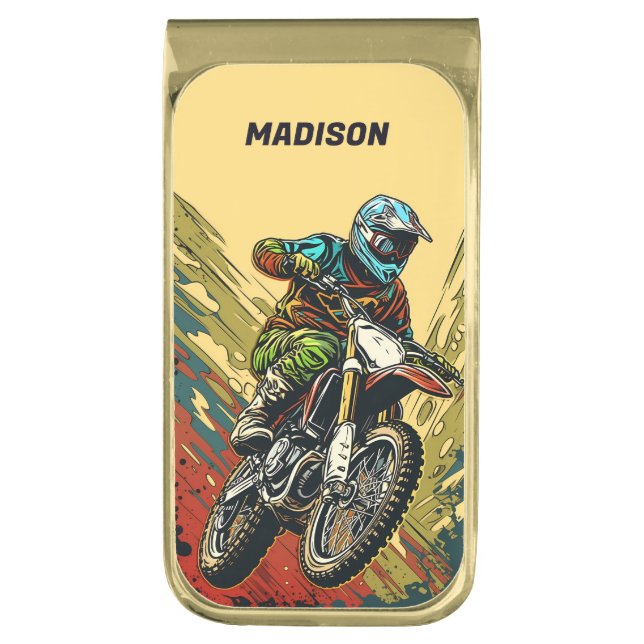 Custom Name Motocross Gold Finish Money Clip (Front Vertical)
