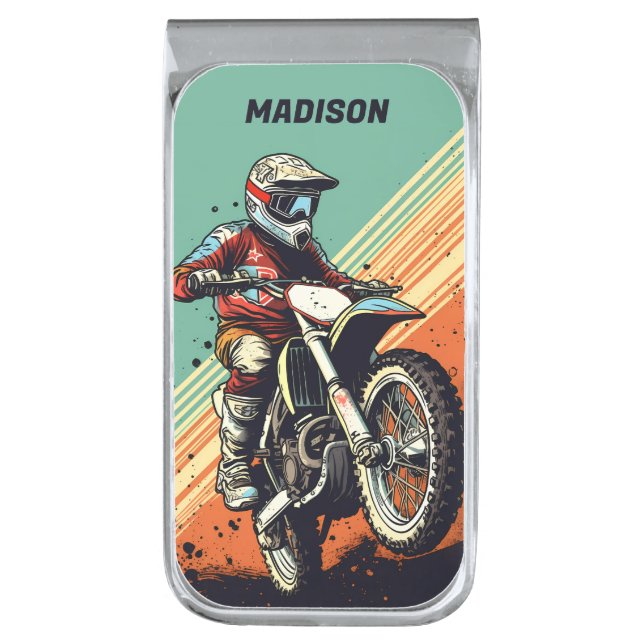Custom Name Motocross Silver Finish Money Clip (Front Vertical)