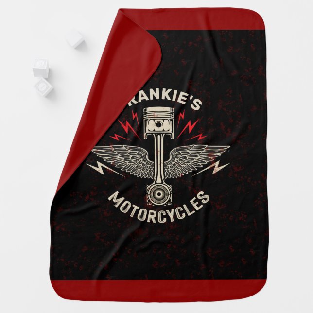 Custom NAME Motorcycle Piston Wings Biker Garage Baby Blanket (In Situ)