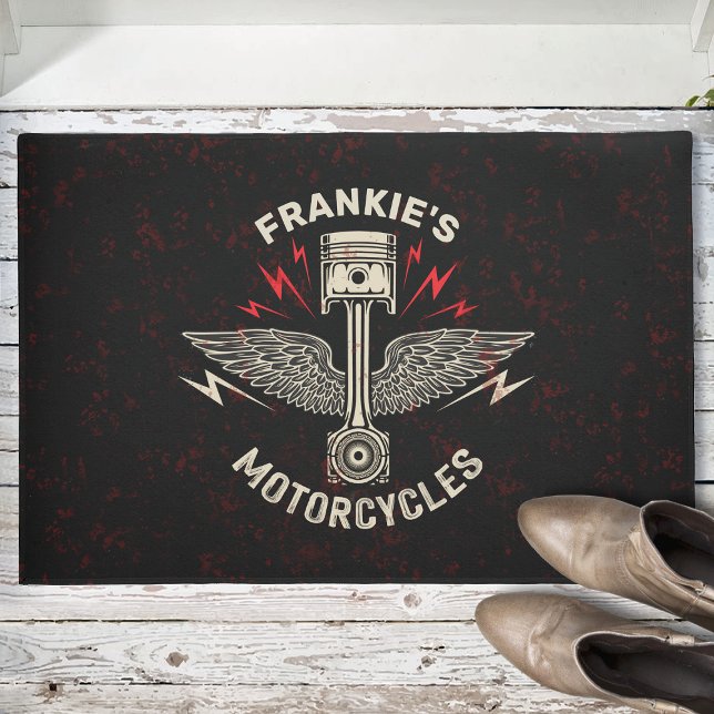 Custom NAME Motorcycle Piston Wings Biker Garage Doormat (Creator Uploaded)