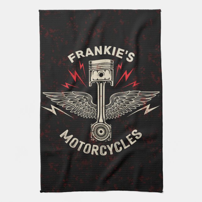 Custom NAME Motorcycle Piston Wings Biker Garage Kitchen Towel (Vertical)