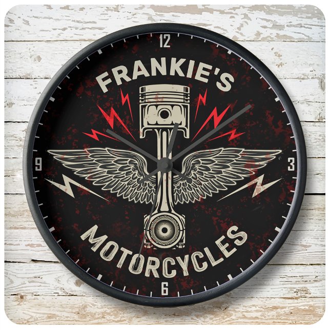Custom NAME Motorcycle Piston Wings Biker Garage Large Clock (Creator Uploaded)