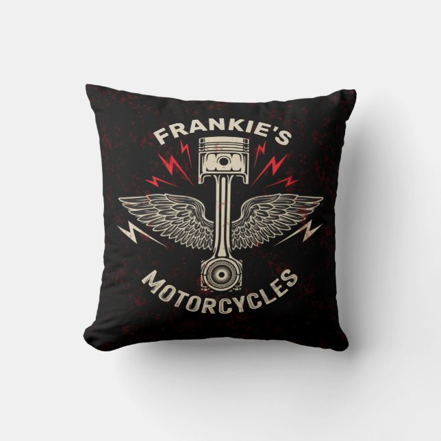 Custom NAME Motorcycle Piston Wings Biker Garage Throw Pillow (Front)