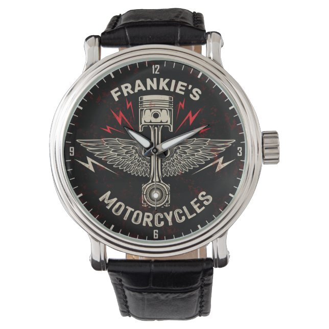 Custom NAME Motorcycle Piston Wings Biker Garage Watch (Front)