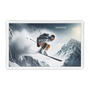 Custom Name Mountain Skier Acrylic Tray