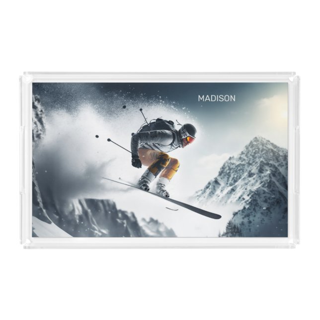 Custom Name Mountain Skier Acrylic Tray (Front)