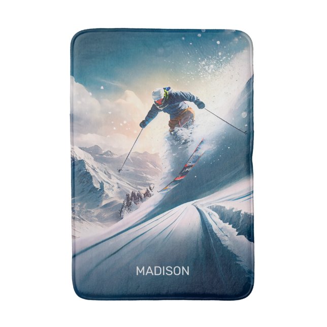 Custom Name Mountain Skier Bath Mat (Front Vertical)