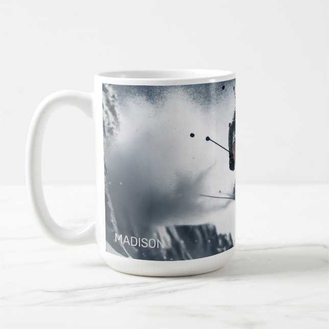 Custom Name Mountain Skier Coffee Mug (Left)