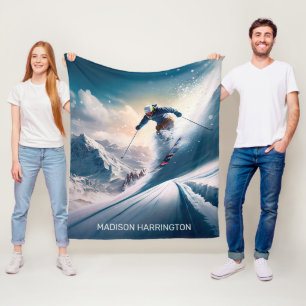 Custom Name Mountain Skier Fleece Blanket