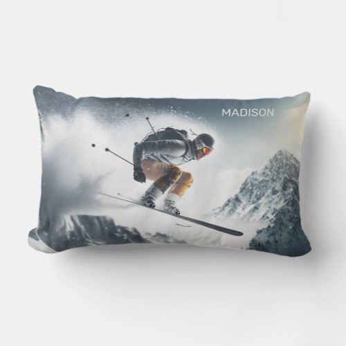 Custom Name Mountain Skier Lumbar Pillow