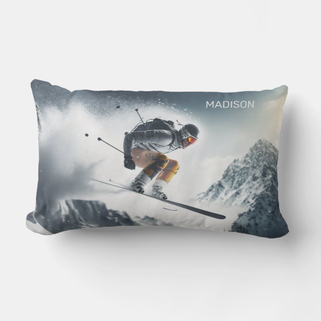 Custom Name Mountain Skier Lumbar Pillow (Front)